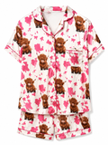 Highland Cow Pink Cow Print Satin Pajama Set | White & Pink | NWT