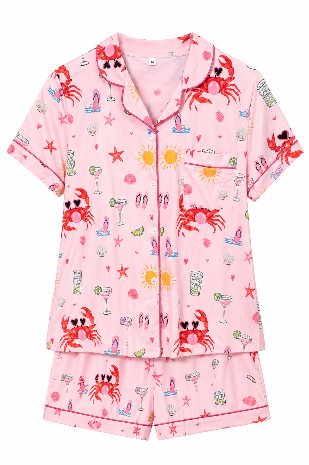 Coastal Crab Beach Print Satin Pajama Set | Pink Multicolor | Size M | NWT