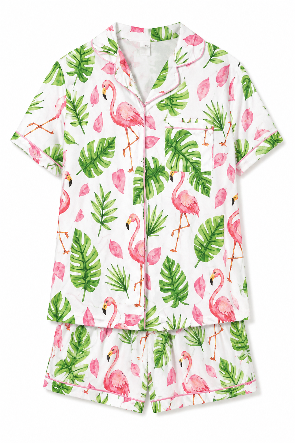 Tropical Flamingo Palm Leaf Pajama Set | White Pink & Green | NWT