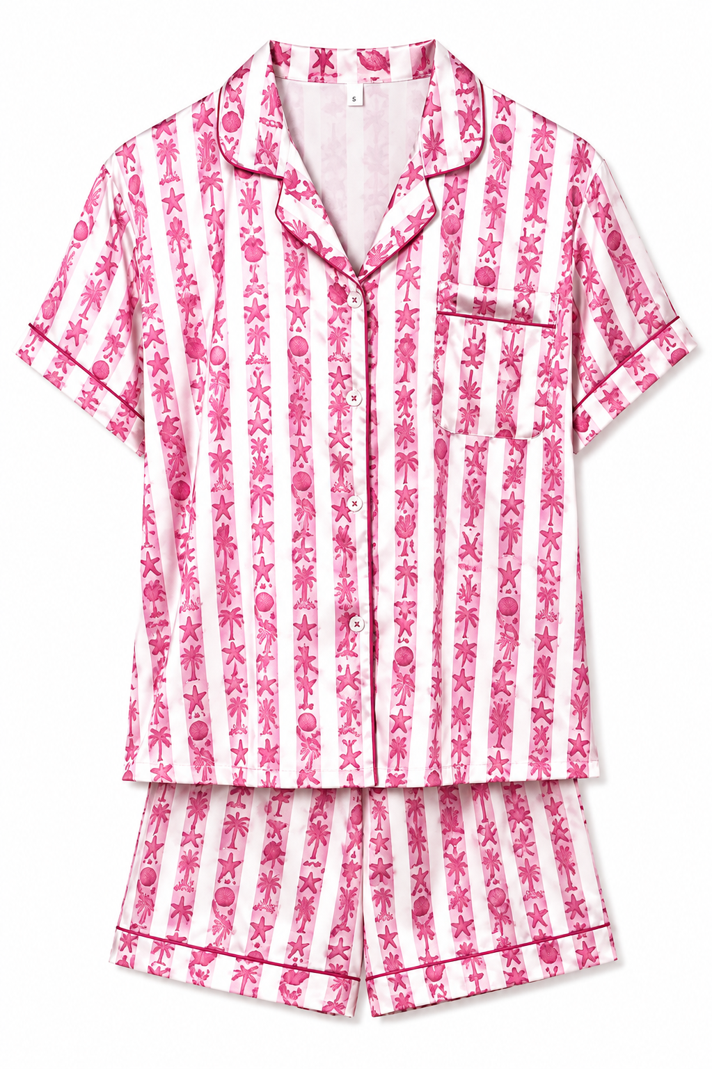 Pink Coastal Seashell & Starfish Striped Satin Pajama Set | Pink & White | Large | NWT
