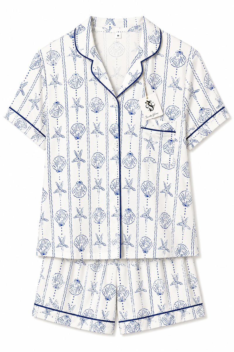Blue Seashell & Starfish Coastal Pajama Set | White & Navy | Medium | NWT