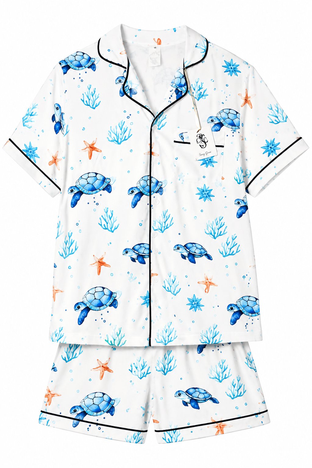 Sandra Grace Sea Turtle & Coral Coastal Pajama Set | White & Blue | Medium | NWT