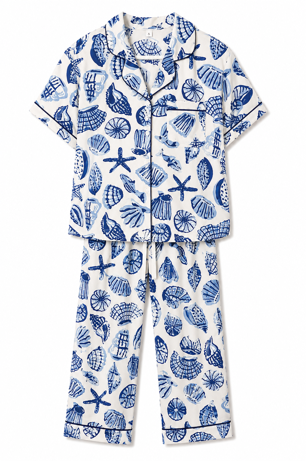 Blue Seashell & Starfish Coastal Pajama Set | Cream & Blue | Small | NWT
