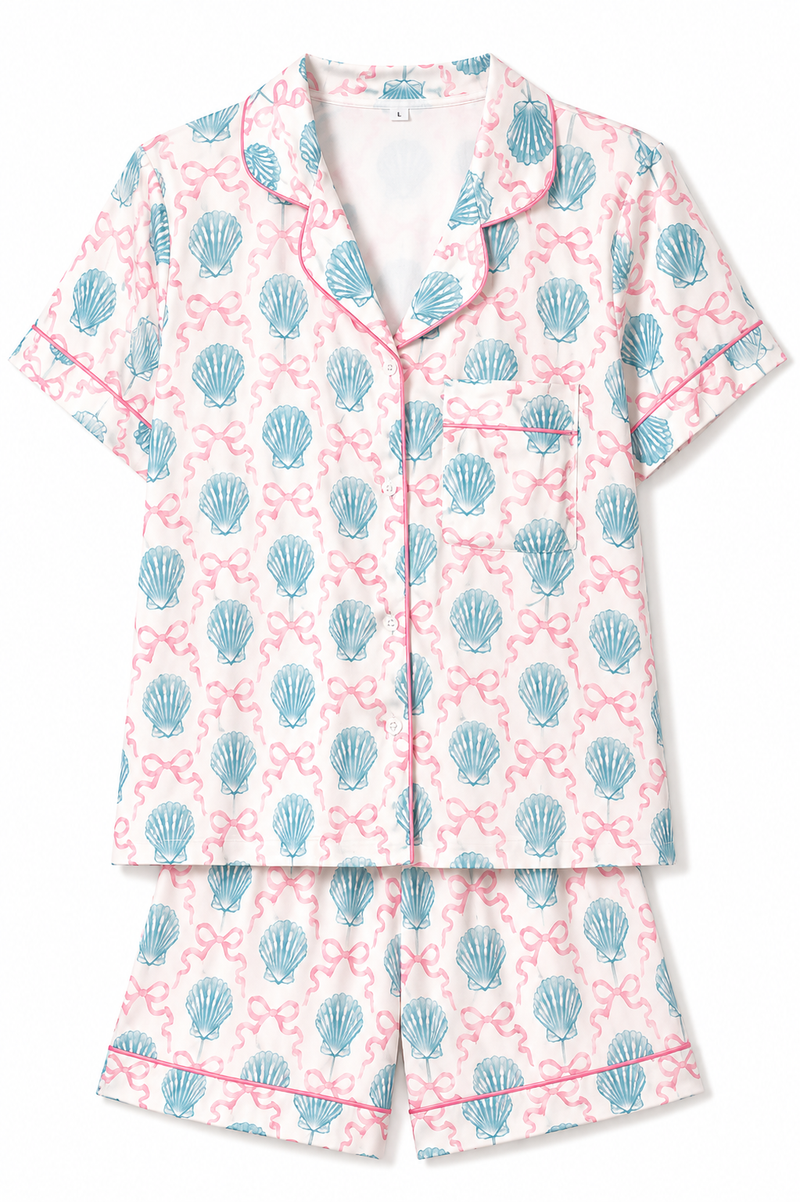 Blue Seashell & Pink Bow Coastal Pajama Set | White, Blue & Pink | Large | NWT