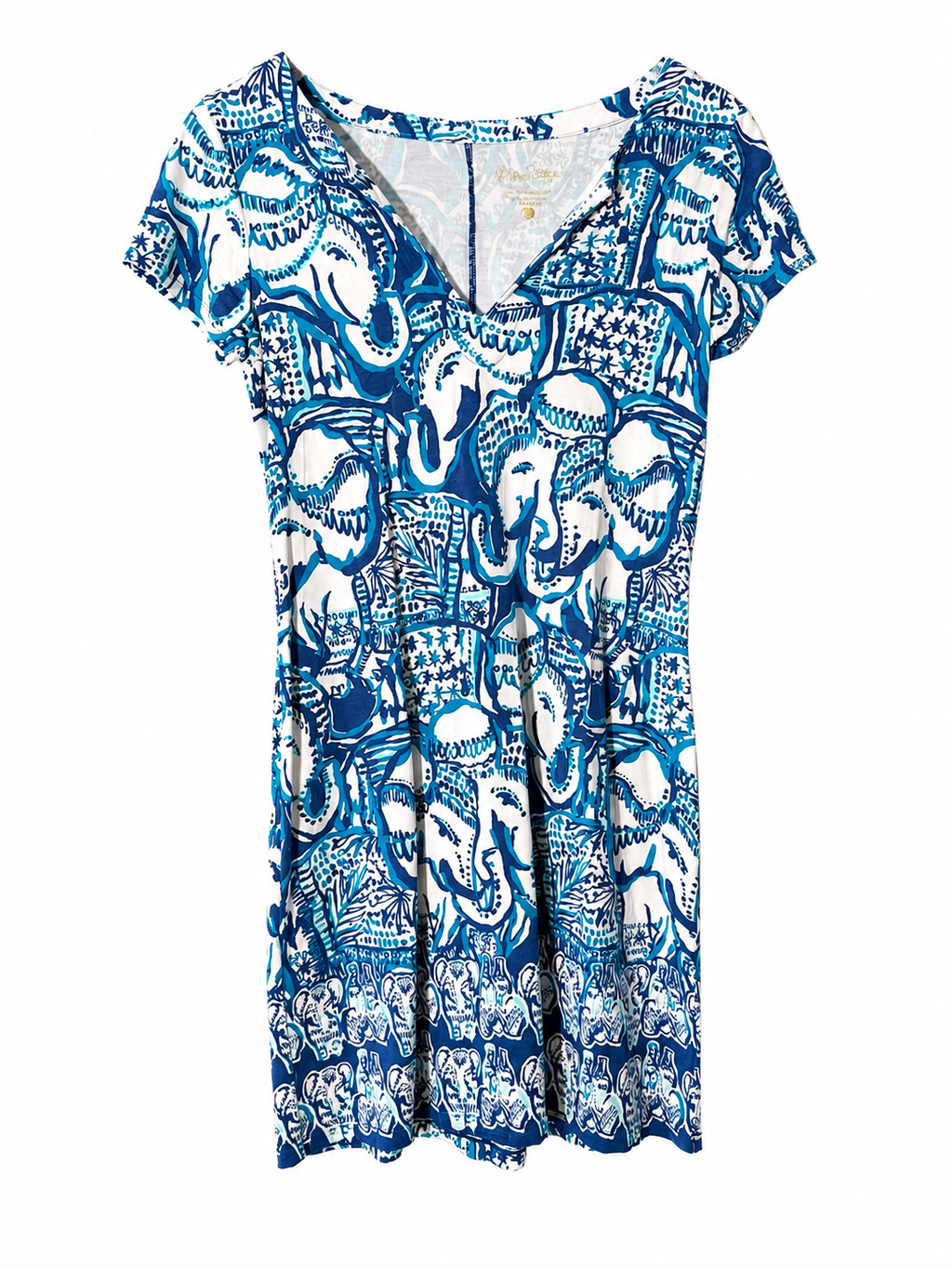 Lilly Pulitzer Elephant Print V-Neck Knit Dress | Blue & White | Size S| Pre-Loved