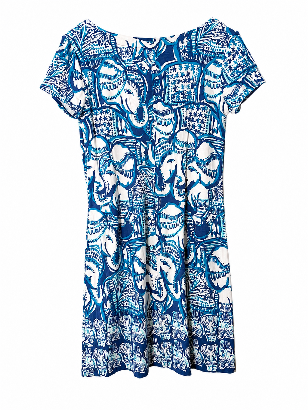 Lilly Pulitzer Elephant Print V-Neck Knit Dress | Blue & White | Size S| Pre-Loved