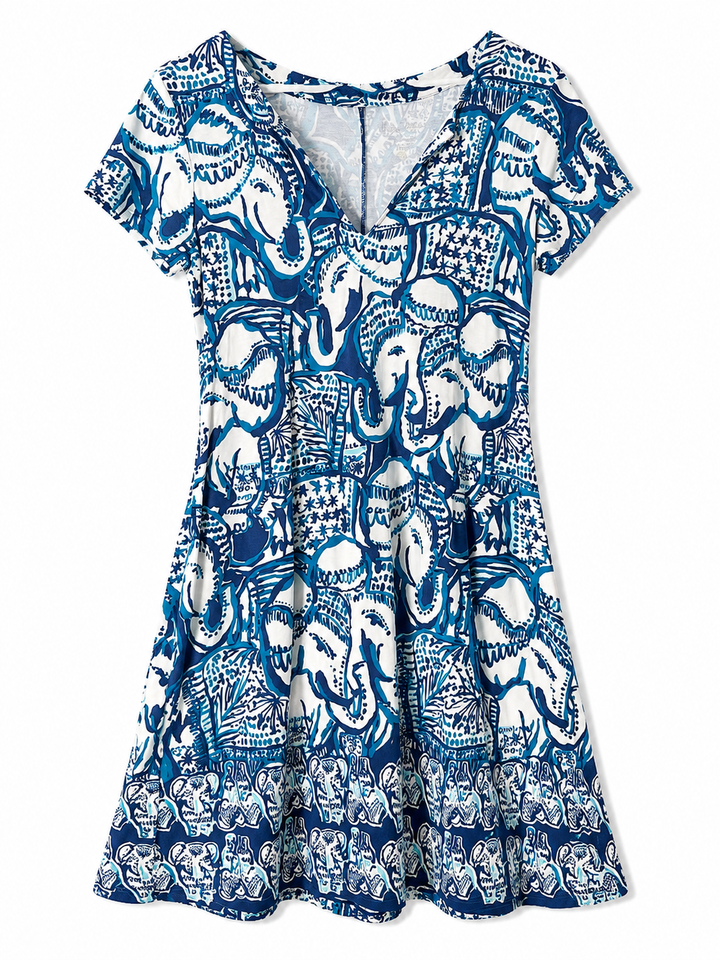 Blue & White Elephant Print Fit & Flare Dress | Size S| Pre-Loved