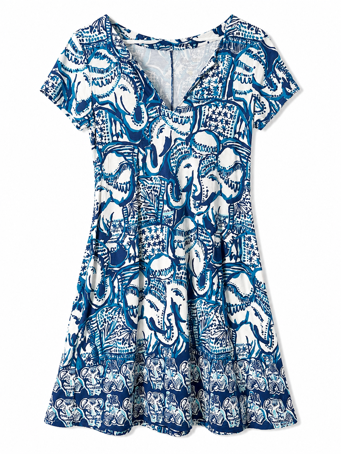 Blue & White Elephant Print Fit & Flare Dress | Size S| Pre-Loved