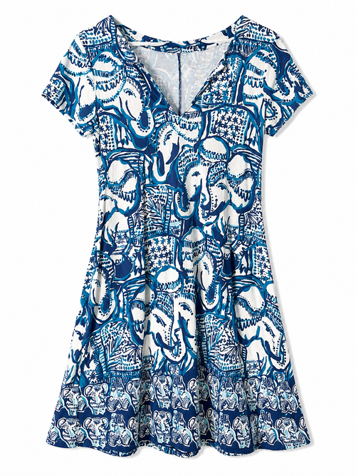 Blue & White Elephant Print Fit & Flare Dress | Size S| Pre-Loved
