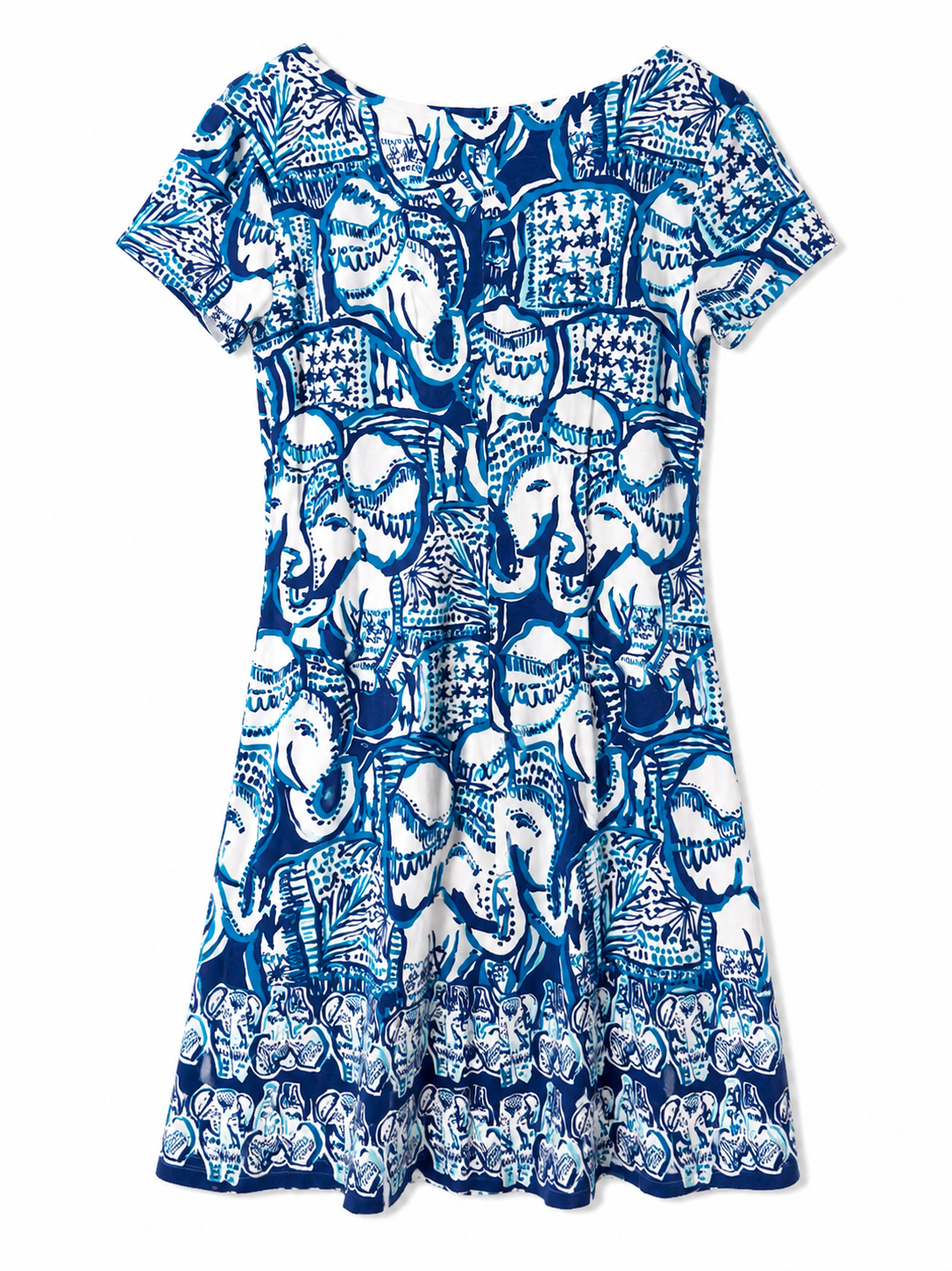 Blue & White Elephant Print Fit & Flare Dress | Size S| Pre-Loved