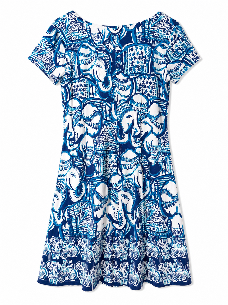 Blue & White Elephant Print Fit & Flare Dress | Size S| Pre-Loved