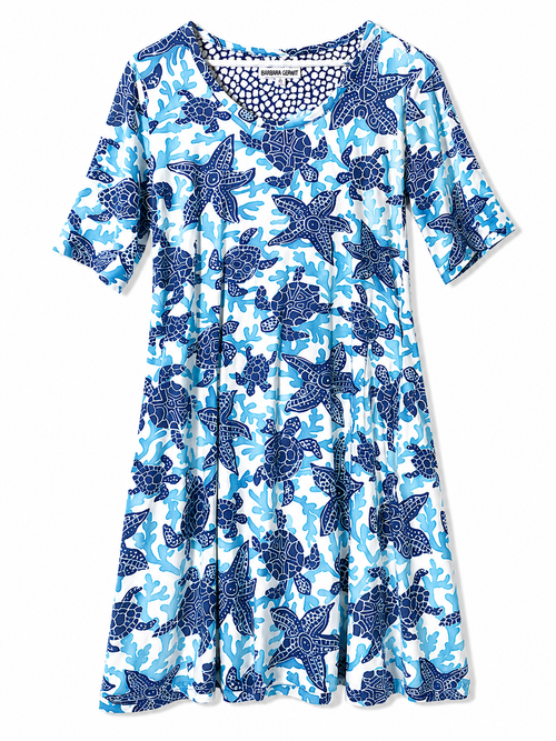Barbara Gerwit Sea Turtle & Starfish Print Swing Dress | Blue & White | Women S | Pre-Loved