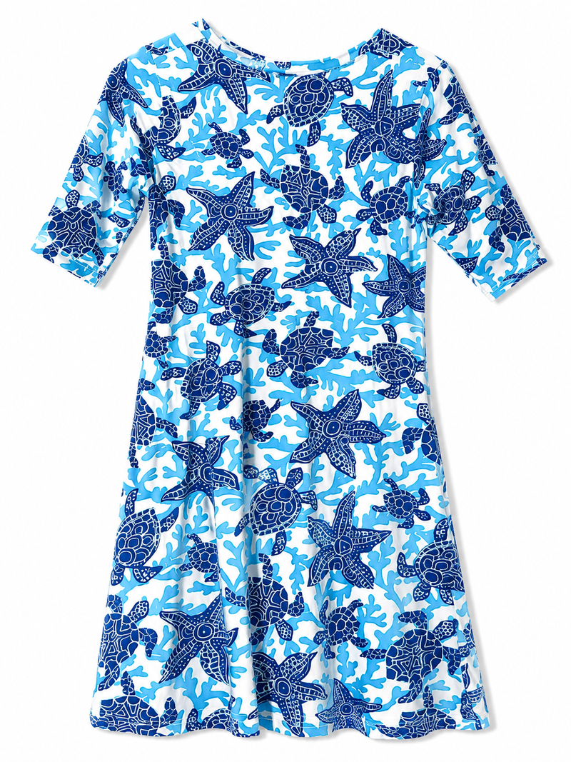 Barbara Gerwit Sea Turtle & Starfish Print Swing Dress | Blue & White | Women S | Pre-Loved