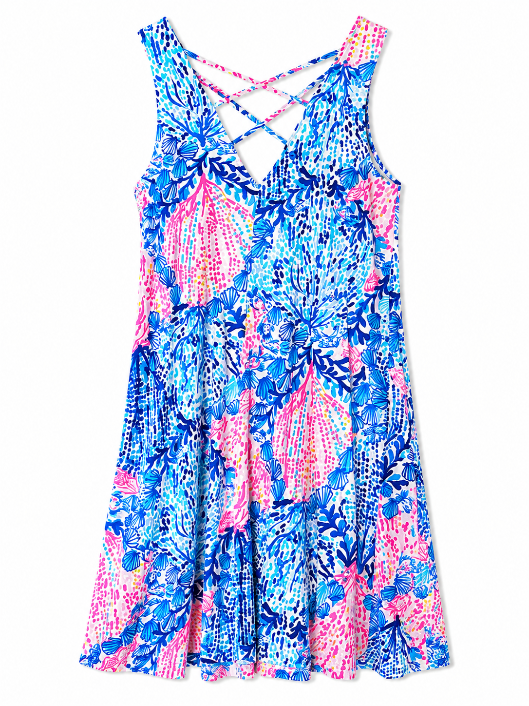 Lilly Pulitzer Seashell Coral Print Crossback Fit & Flare Dress | Blue Pink Multi | Women's Size M| Pre-Loved