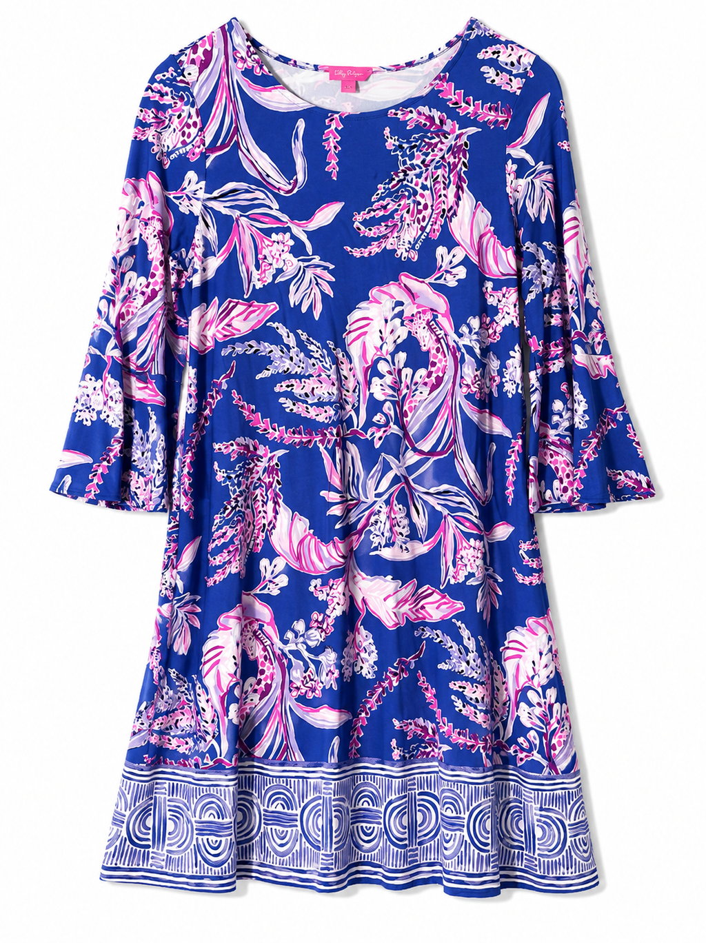 Lilly Pulitzer Floral Border Print Bell Sleeve Swing Dress | Blue Pink | Women's Size M| Pre-Loved