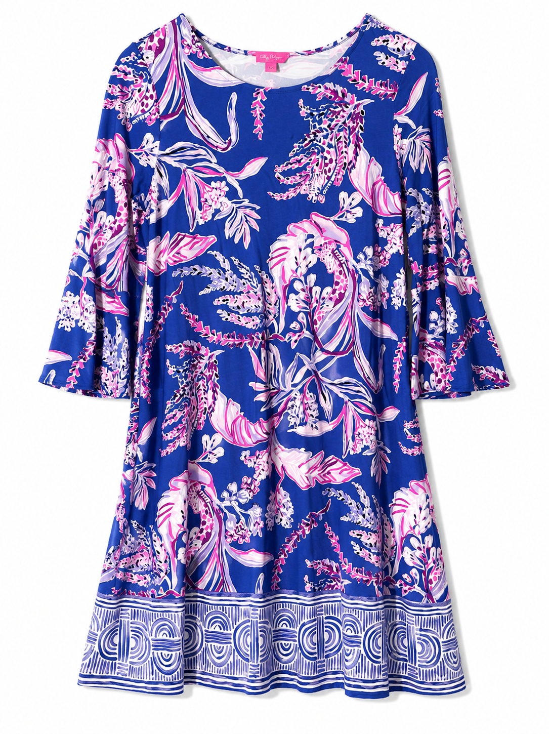 Lilly Pulitzer Floral Border Print Bell Sleeve Swing Dress | Blue Pink | Women's Size M| Pre-Loved