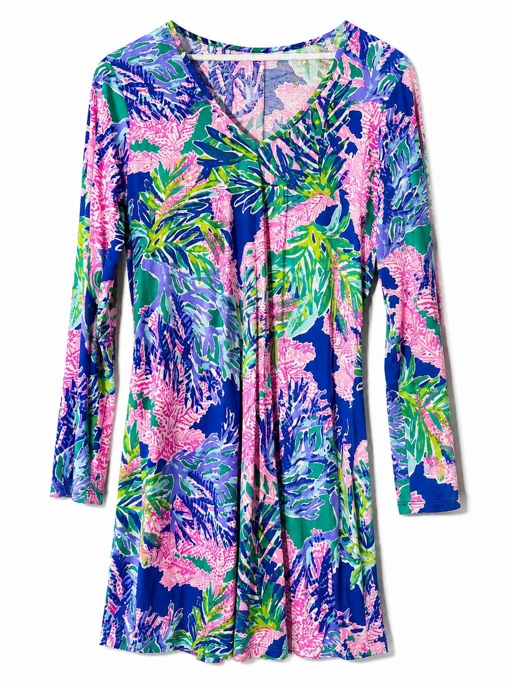 Lilly Pulitzer Tropical Coral Print Long Sleeve Swing Dress | Blue Pink Green | Women's Size M| Pre-Loved
