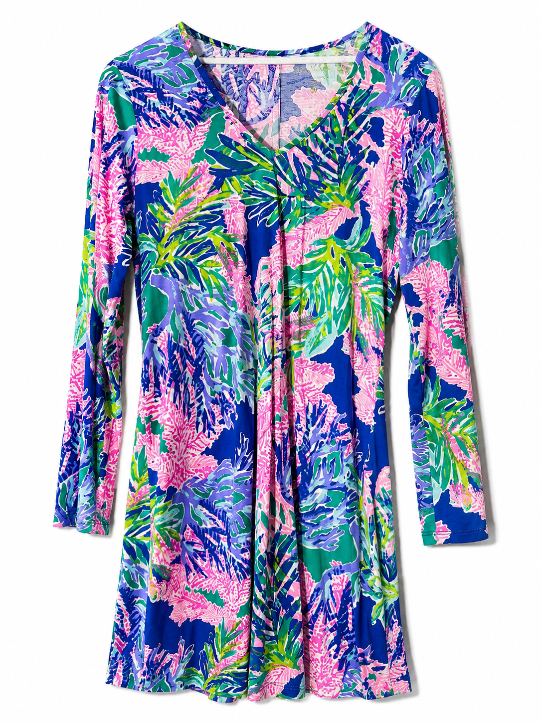 Lilly Pulitzer Tropical Coral Print Long Sleeve Swing Dress | Blue Pink Green | Women's Size M| Pre-Loved