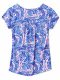 Lilly Pulitzer Seashell & Paisley Print Pleated V-Neck Top | Pink Blue | Women's Size M| Pre-Loved