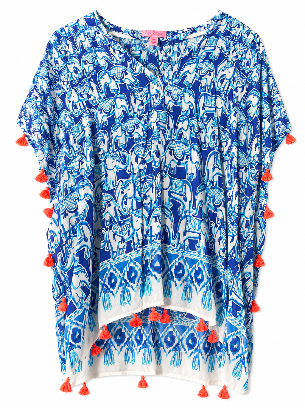 Lilly Pulitzer Elephant Print Tassel Caftan Tunic Cover-Up | Blue White | Women's S/M | Pre-Loved