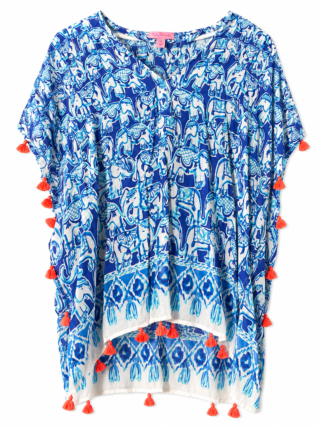 Lilly Pulitzer Elephant Print Tassel Caftan Tunic Cover-Up | Blue White | Women's S/M | Pre-Loved