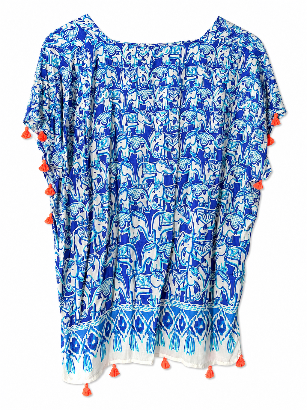 Lilly Pulitzer Elephant Print Tassel Caftan Tunic Cover-Up | Blue White | Women's S/M | Pre-Loved