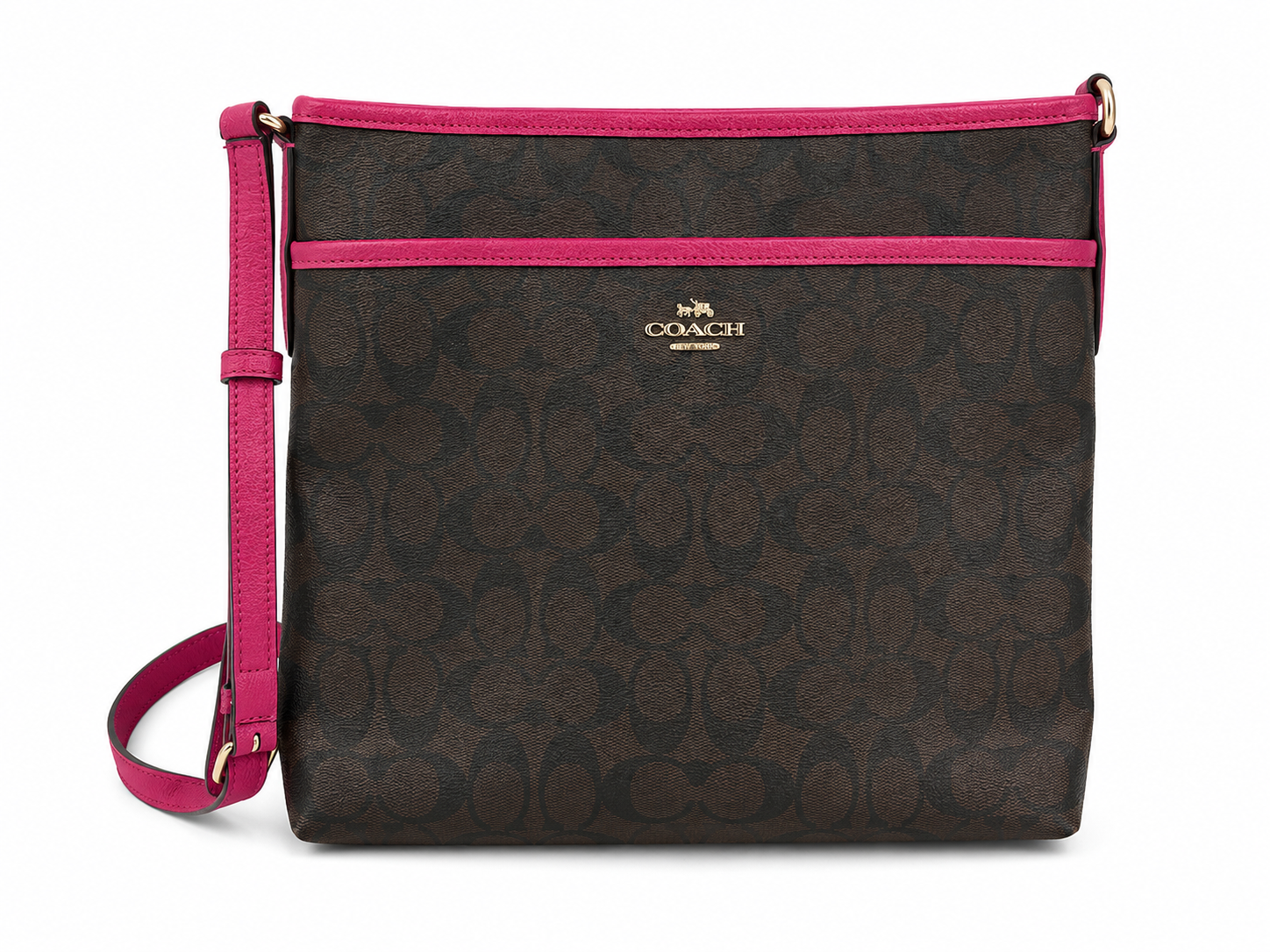 Coach Signature File Crossbody Bag Brown Canvas & Pink Leather Trim| Preloved
