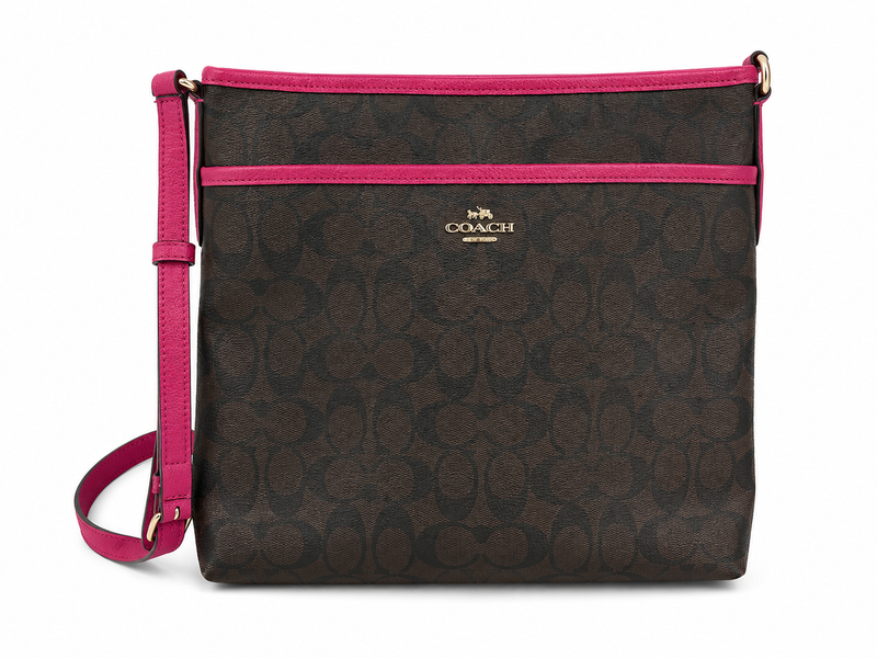 Coach Signature File Crossbody Bag Brown Canvas & Pink Leather Trim| Preloved