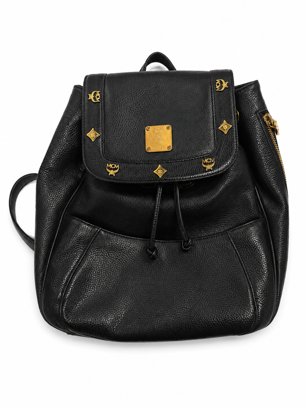MCM Black Leather Drawstring Backpack with Gold Hardware| Preloved