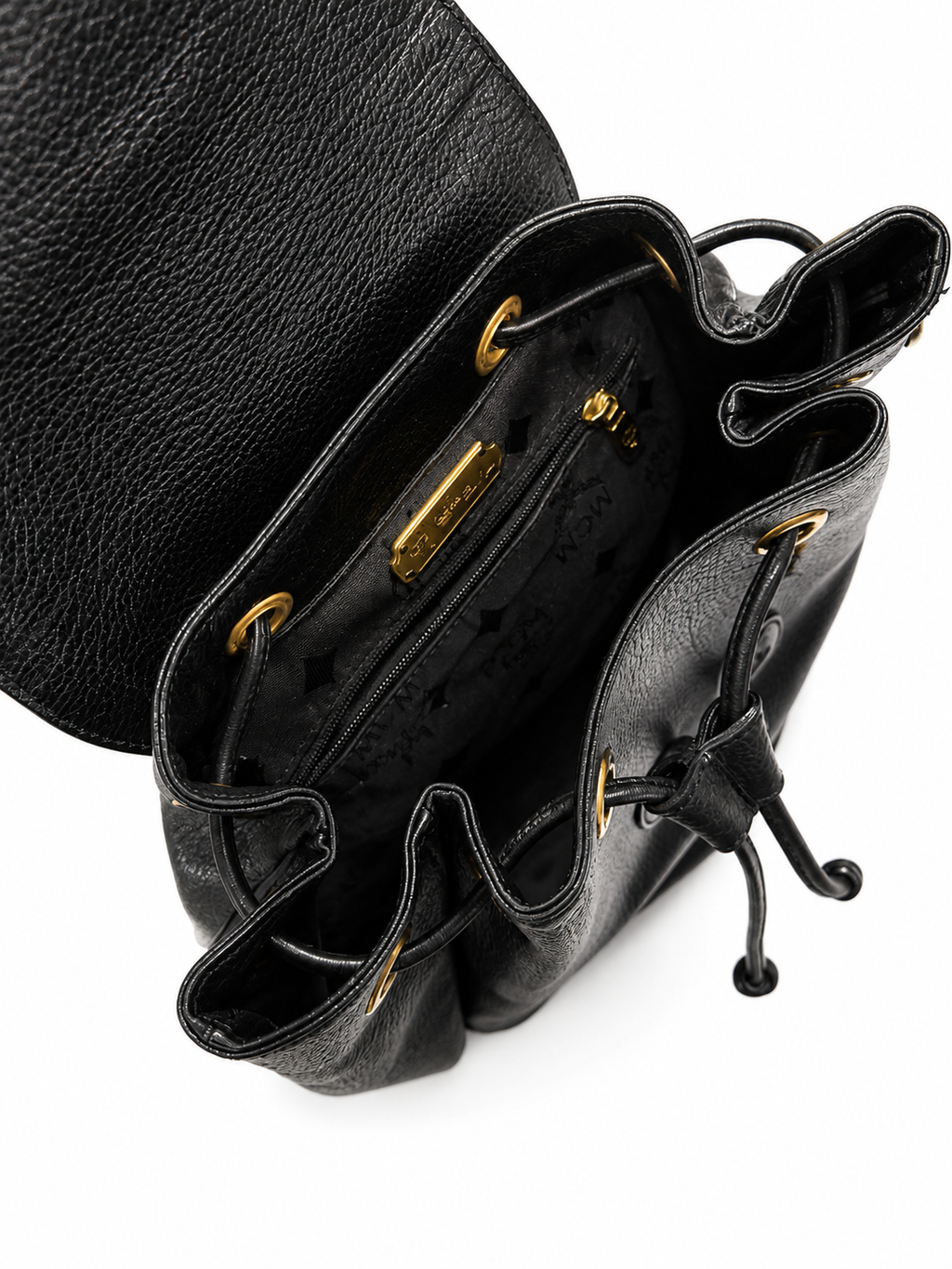 MCM Black Leather Drawstring Backpack with Gold Hardware| Preloved