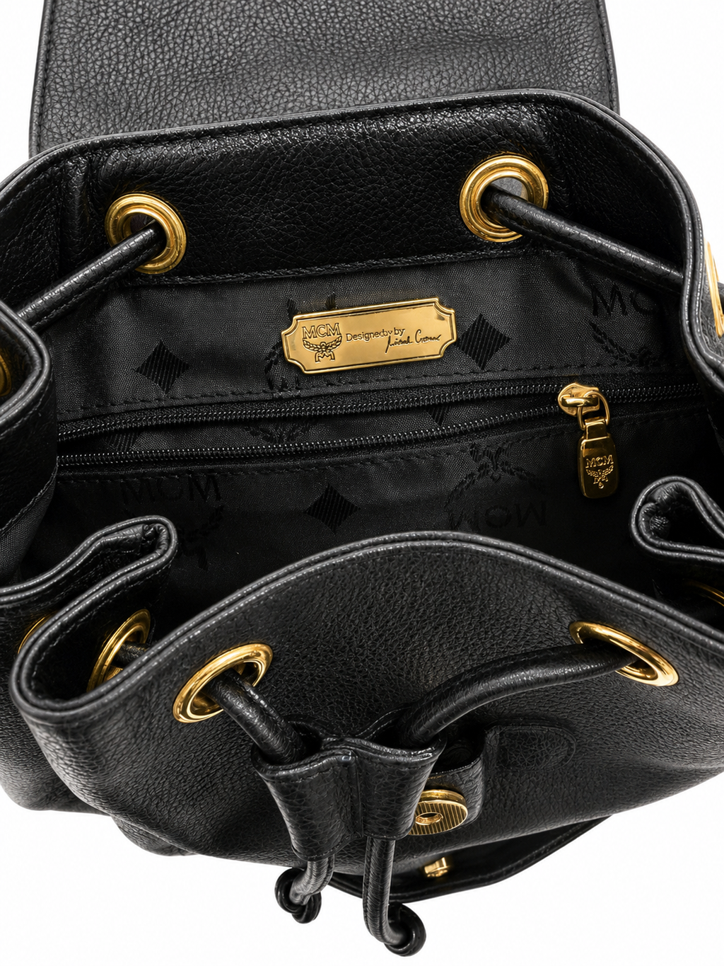 MCM Black Leather Drawstring Backpack with Gold Hardware| Preloved