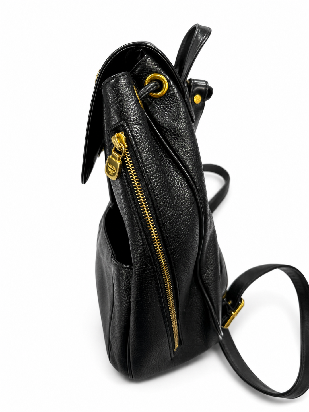MCM Black Leather Drawstring Backpack with Gold Hardware| Preloved