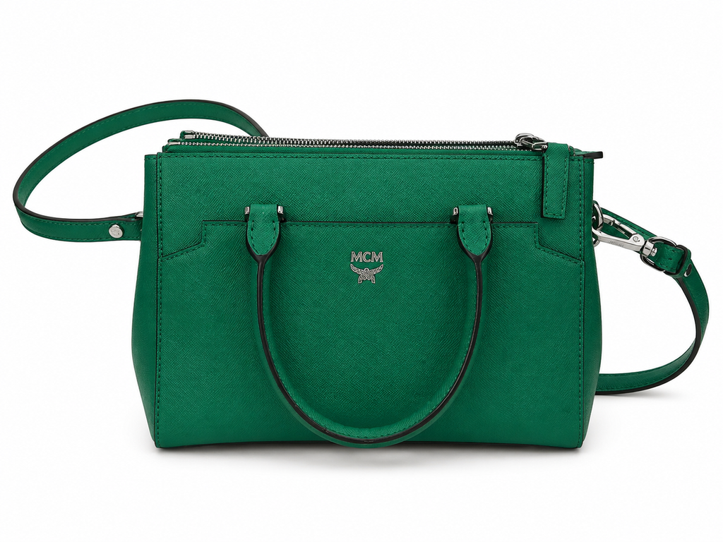 MCM Green Leather Medium Tote Bag | Convertible Shoulder & Crossbody| Preloved