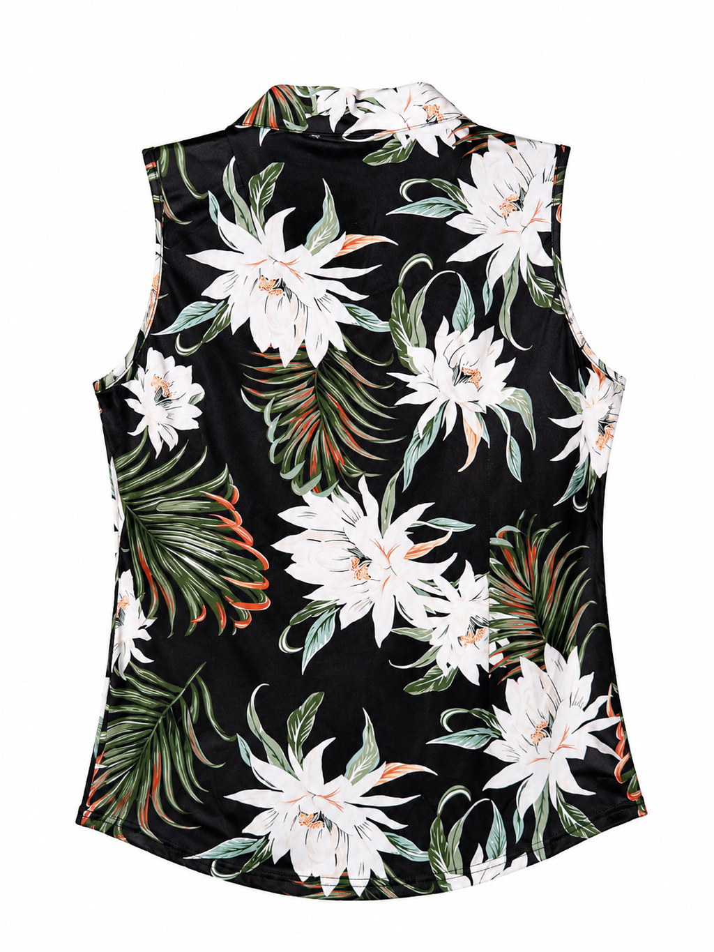 SONEVEN Tropical Flower Button-placket Ruffled Sleeveless Polo Top