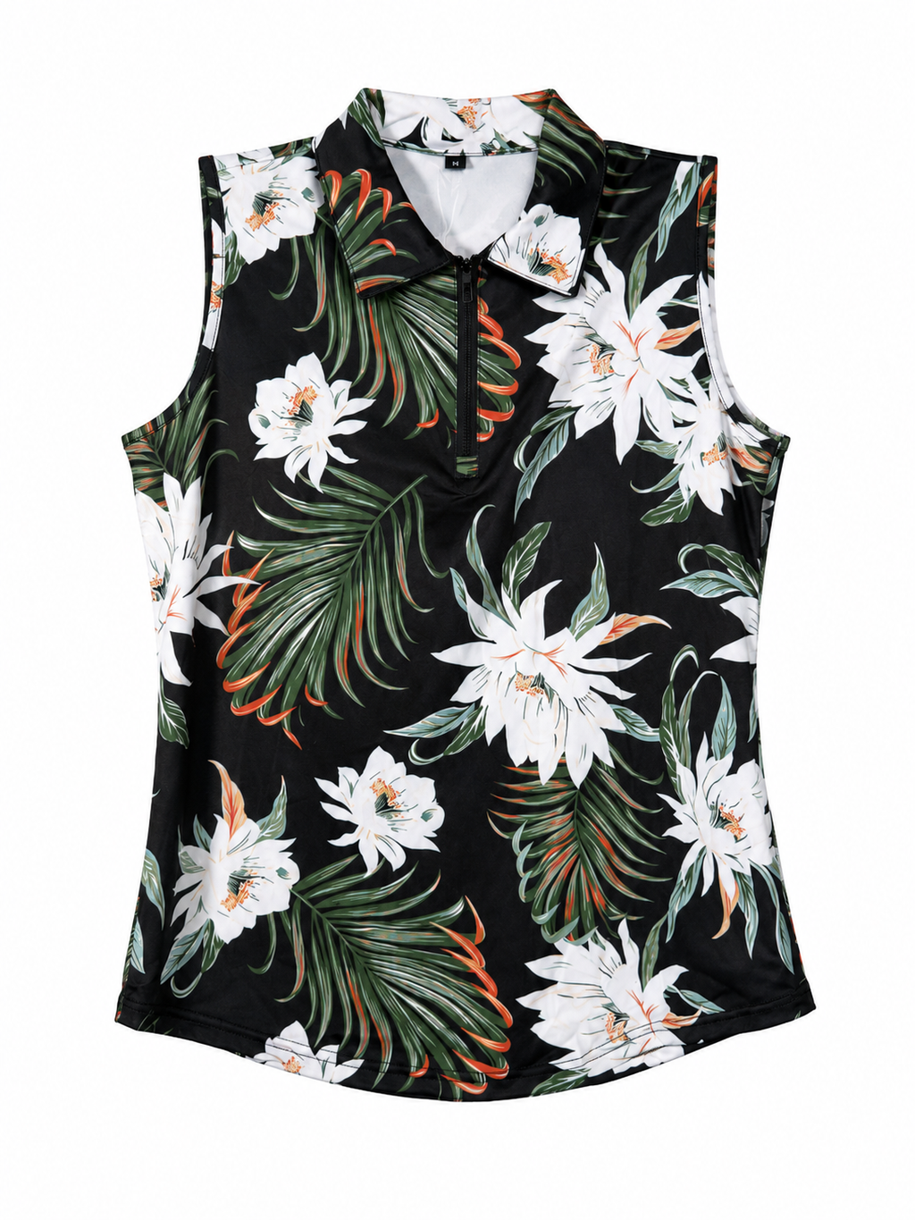 SONEVEN Tropical Flower Button-placket Ruffled Sleeveless Polo Top